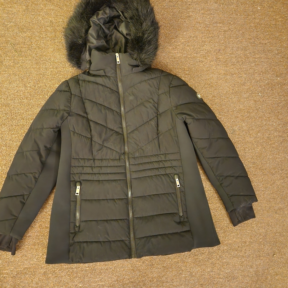 Michael Kors Black Mixed-Media Puffer Coat – Size 1X